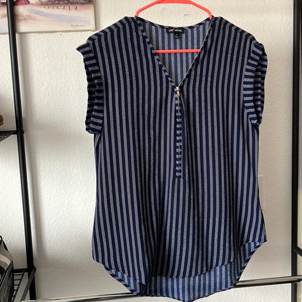 Navy & White V Neck Zipper Blouse